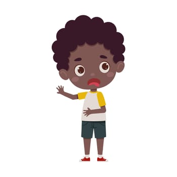 Cute little kid african boy feeling disgusted. Cartoon schoolboy character show facial expression. Vector illustration