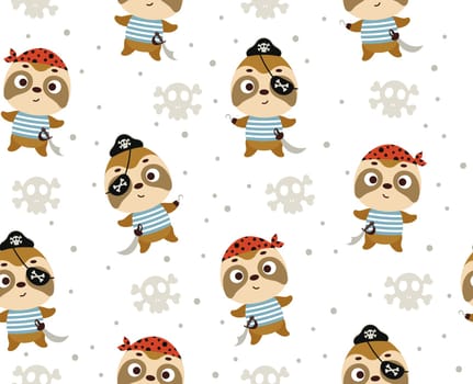 Cute little pirate sloth seamless childish pattern. Funny cartoon animal character for fabric, wrapping, textile, wallpaper, apparel. Vector illustration
