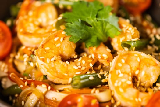 Udon stir-fry noodles with shrimp and vegetables. Asian cuisine