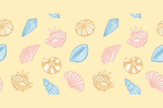 Seamless pattern of sea shells in pastel colors on a pale yellow background. Seamless border