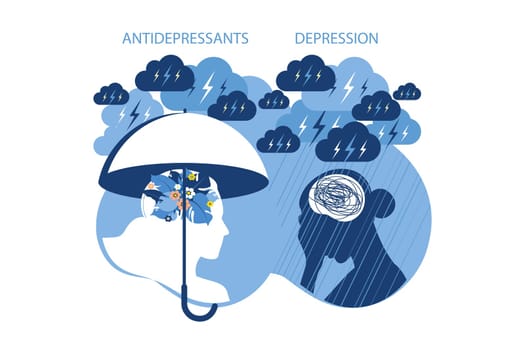 Mental health, antidepressants and depression psychology concept. Two woman different states of consciousness mind - depression and positive mental health mood.
