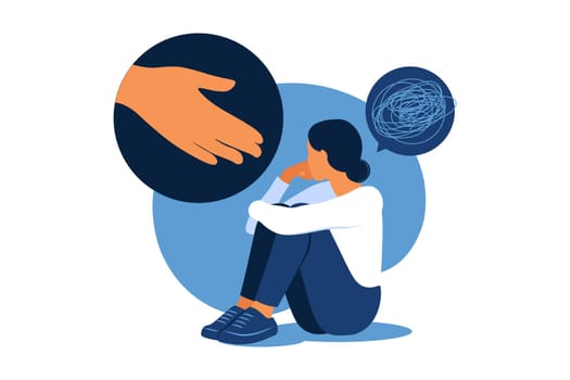 Concept of mental disorder, sorrow and anxiety. Human hand helps. Sad lonely woman in depression. Vector illustration. Flat.
