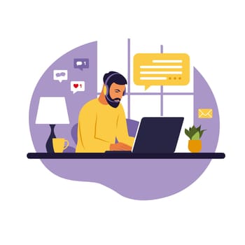 Home office concept, man working from home. Student or freelancer. Freelance or studying concept. Vector illustration. Flat style.