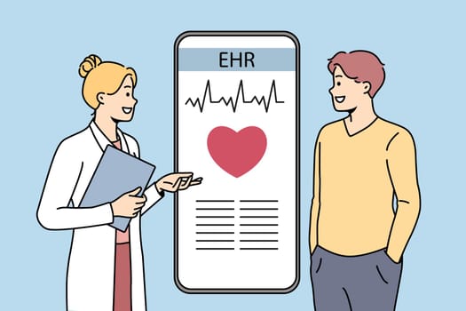 Doctor consult patient about EHR on cellphone