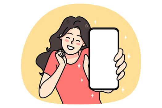 Smiling girl show smartphone with mockup screen