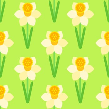 Narcissus flowers seamless vector pattern. Floral illustration on green.
