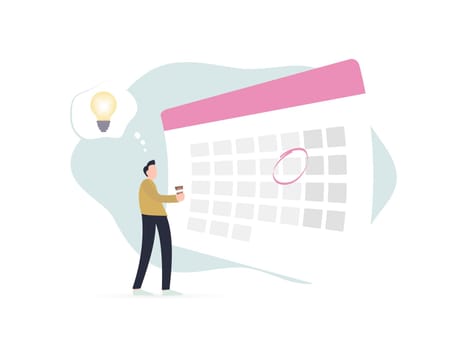 Meet deadlines and breakthrough moments with effective time management. Important dates on calendar with light bulb symbols for inspiration. Man with coffee cup representing ideas and decision-making