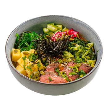 Isolated portion of poke bowl with beef pastrami