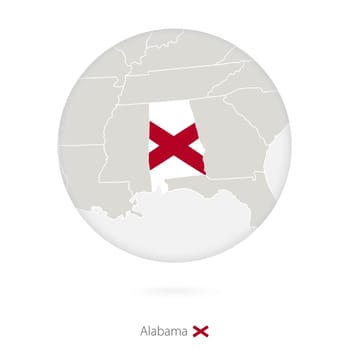 Map of Alabama State and flag in a circle.