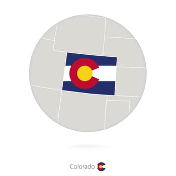 Map of Colorado State and flag in a circle.