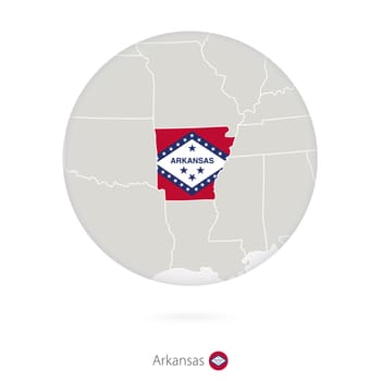 Map of Arkansas State and flag in a circle.