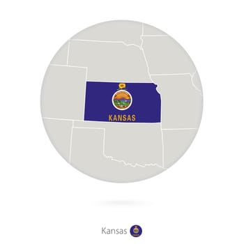 Map of Kansas State and flag in a circle.