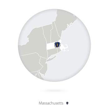 Map of Massachusetts State and flag in a circle.