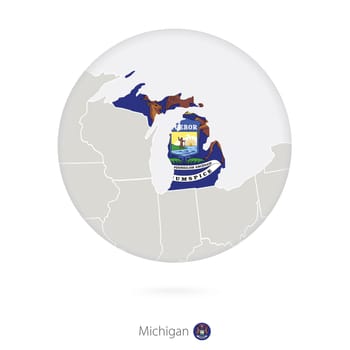 Map of Michigan State and flag in a circle.
