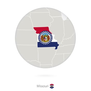 Map of Missouri State and flag in a circle.