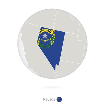Map of Nevada State and flag in a circle.