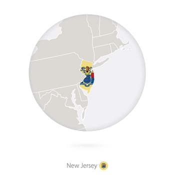 Map of New Jersey State and flag in a circle.