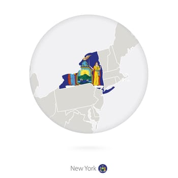 Map of New York State and flag in a circle.