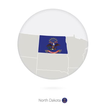 Map of North Dakota State and flag in a circle.