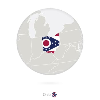 Map of Ohio State and flag in a circle.