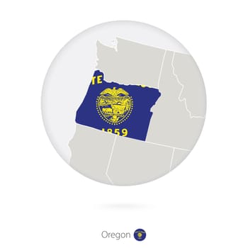 Map of Oregon State and flag in a circle.