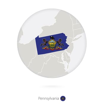 Map of Pennsylvania State and flag in a circle.