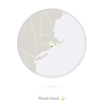 Map of Rhode Island State and flag in a circle.