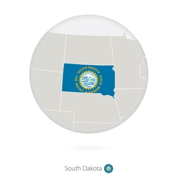 Map of South Dakota State and flag in a circle.