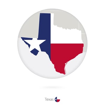 Map of Texas State and flag in a circle.