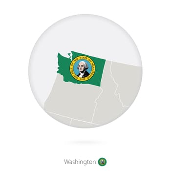 Map of Washington State and flag in a circle.