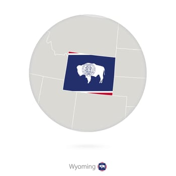 Map of Wyoming State and flag in a circle.