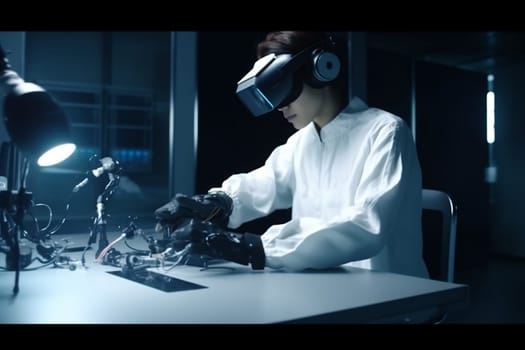 engineer man technology robotic robot three-dimensional virtual innovation project future glasses 3d. Generative AI.