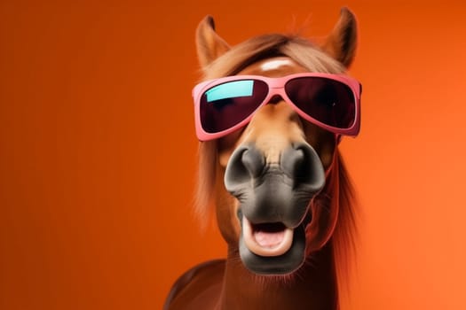 colourful fun goggles sunglasses animal smile mammal funny background horse portrait. Generative AI.