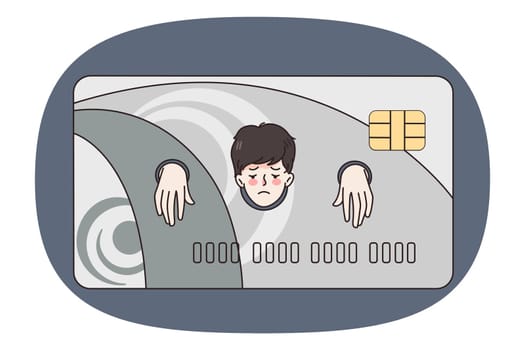 Man slave in credit card suffer from bankruptcy or overspending. Unhappy male client have financial problems with bank. Finance and budget debt concept. Flat vector illustration.