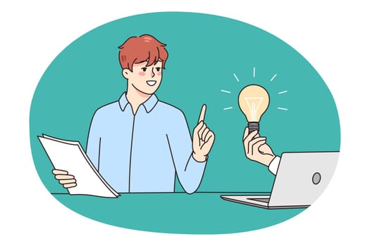 Hand from computer offer lightbulb to businessman