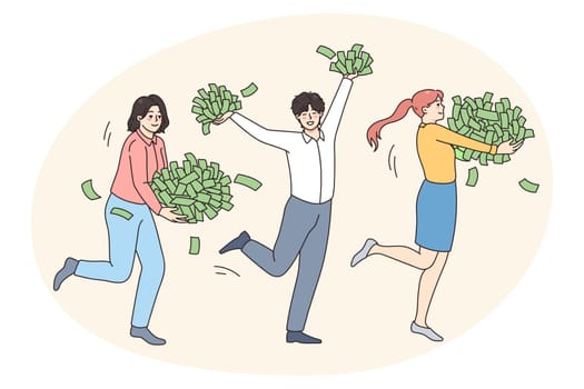 Overjoyed people with piles of money feel joyful with lottery win or victory. Happy men and women with dollar stack celebrate successful financial investment get dividend. Vector illustration.