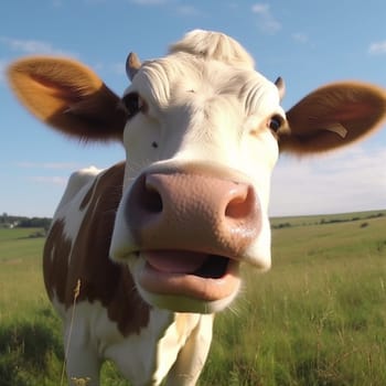closeup cattle smile animal cow pasture rural field portrait head. Generative AI.