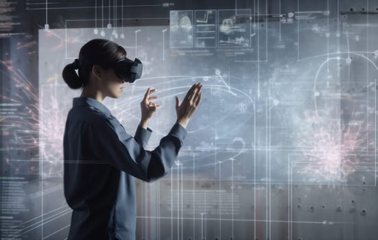 woman glasses technology digital virtual ar 3d futuristic innovation business graphic. Generative AI.