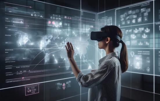 virtual woman network business glasses graphic futuristic 3d innovation digital technology. Generative AI.