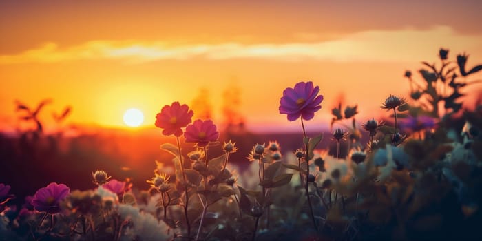 spring sunset nature meadow blossom background cloud red summer rural landscape blooming beam countryside floral flower season vibrant field horizontal beautiful. Generative AI.