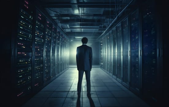 man data center storage datum computer server technology network connection administrator system. Generative AI.