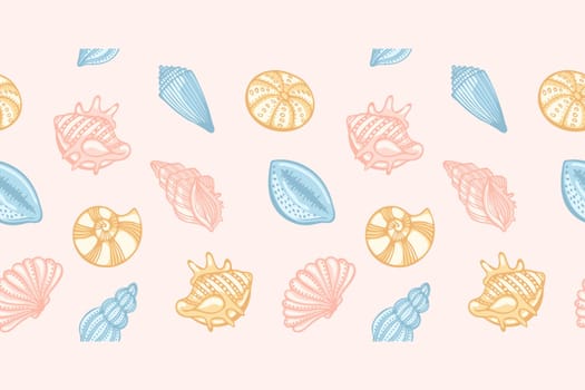 Seamless pattern of sea shells in pastel colors on a pale pink background. Seamless border.