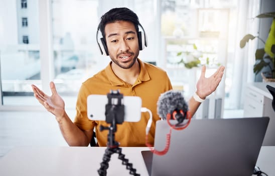 Podcast, explain and influencer with a man content creator recording a broadcast in his home office. Internet, freelance and subscription with a male vlogger or streamer working in his studio