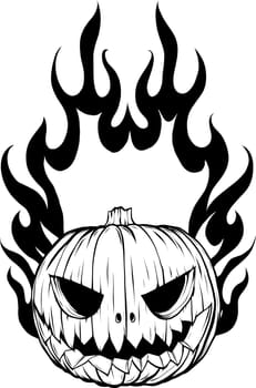 Illustration monochrome of halloween pumpkin character with fire flame in white background.