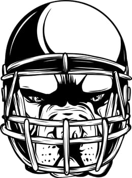 monochrome Portrait of the Smiling dog in a blue rugby helmet. Vector illustration.