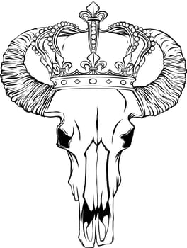 Illustration of buffalo skull in monochrome style. Design element for logo, label, sign, emblem. Vector illustration