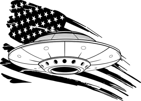 vector illustration of monochrome ufo with american flag