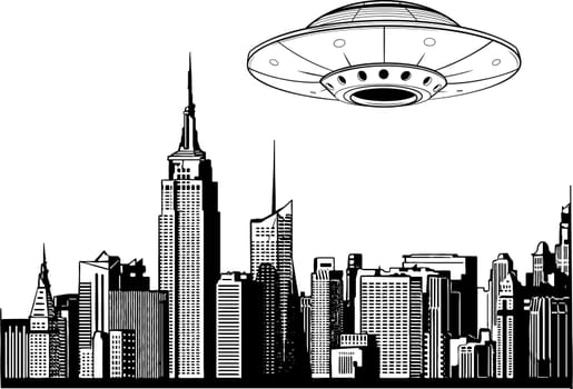 vector illustration of ufo left the city in monochrome