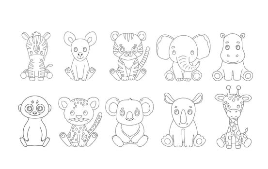 Cute animals in outline style for coloring book. Vector baby zebra, tiger and leopard isolated on white. Line drawing