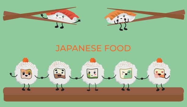 A set of vector icons of delicious colored sushi rolls in the style of kawaii. A collection of different flavors and varieties.